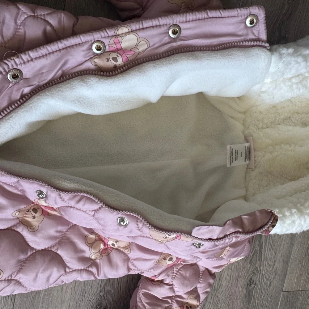 Little Lass Baby Girl Pink Quilted Teddy Bear Pram Suit Hooded Bunting 3-6M